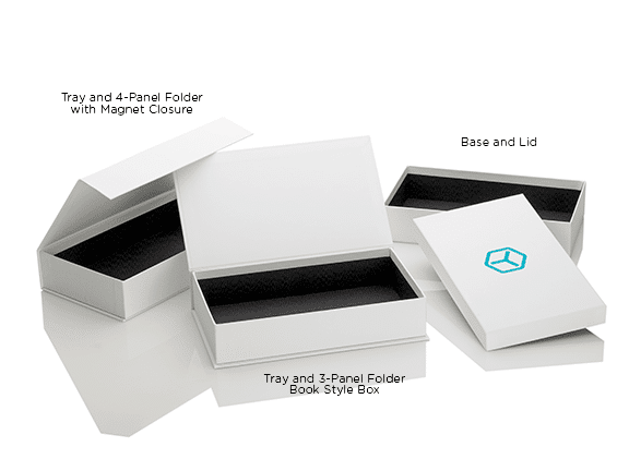 three popular box styles at Taylor Box Company, white boxes, open, with teal foil stamp in Taylor Box logo