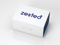 custom medical packaging for Zested men's health supplement, white box with blue print