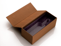open box with die cut foam insert in bottle shape, rustic brown cover material and magnet closures