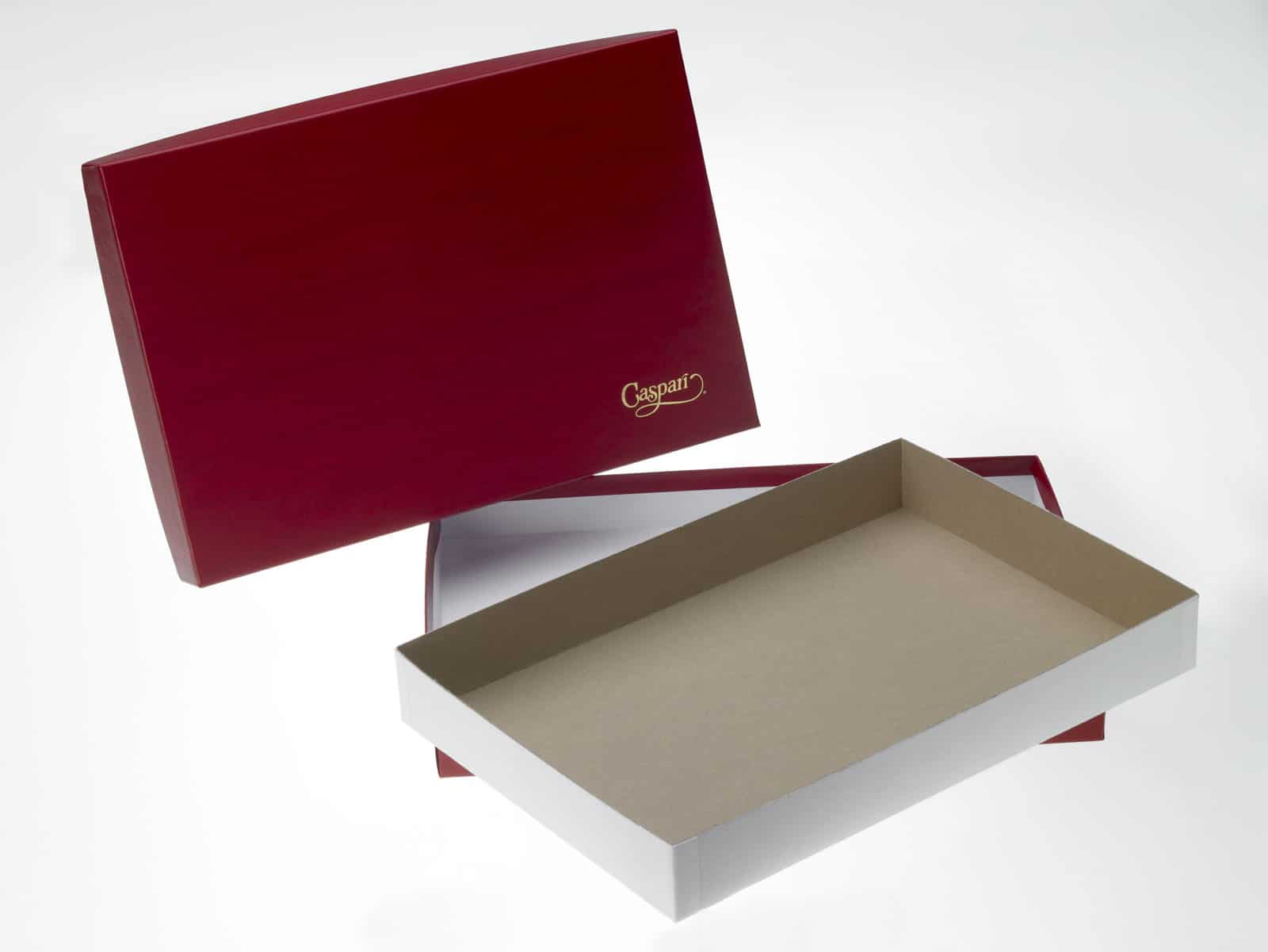 caspari holiday box, base and lid style box with red cover material and gold foil stamping